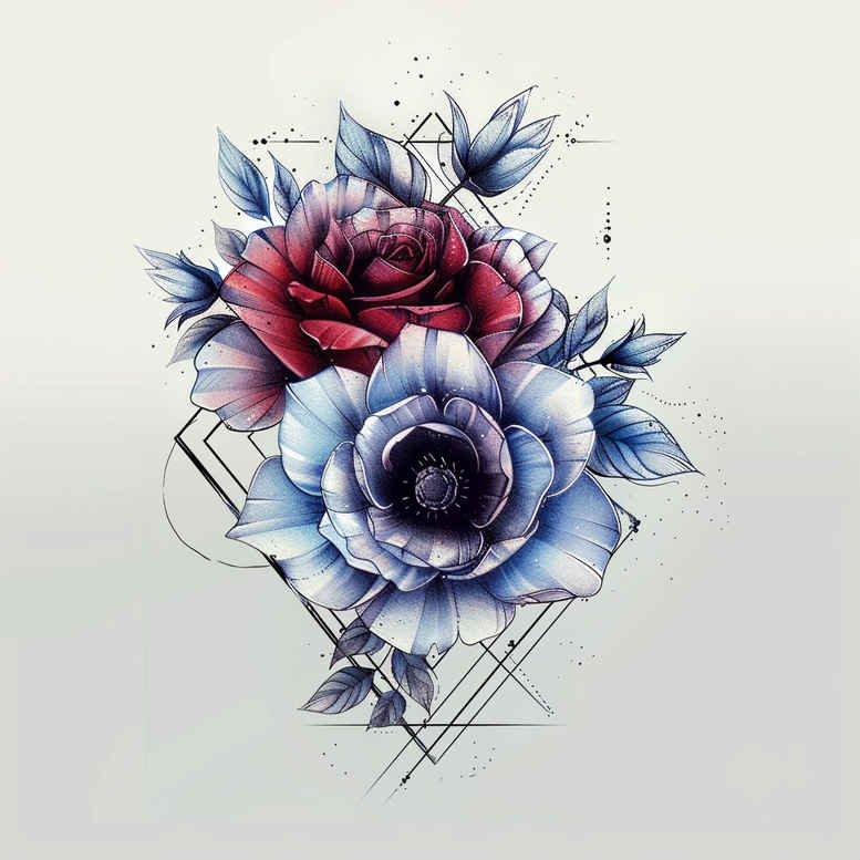Red rose, blue flowers, and grey geometric pattern lines; a color tattoo design concept, project idea, not intended for cover-up.