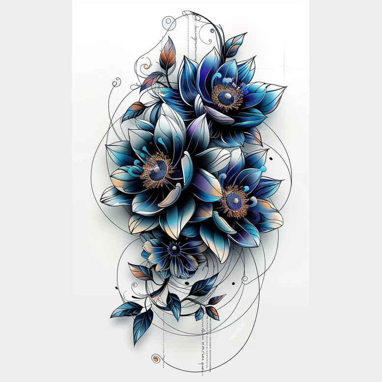 Blue flowers with leaves and geometric lines in blue tones; color tattoo project; AI-generated tattoo concept; not for cover-up.