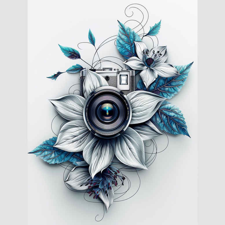 Camera and lens surrounded by white lotus blooms and blue leaves; grayscale elements with blue accents, a tattoo design idea.