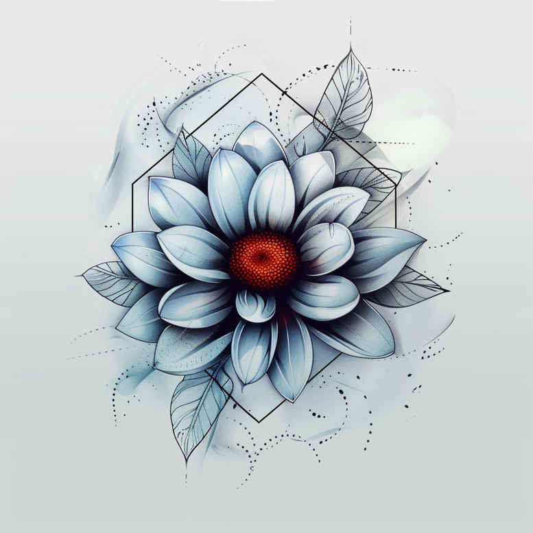 Lotus flower with blue and grey tones and geometric lines; tattoo design concept, project idea; not ideal for cover-up.
