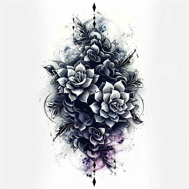 Rose, leaves, and ink splashes in black and grey with a subtle purple tint; a cover-up-ready tattoo design project.