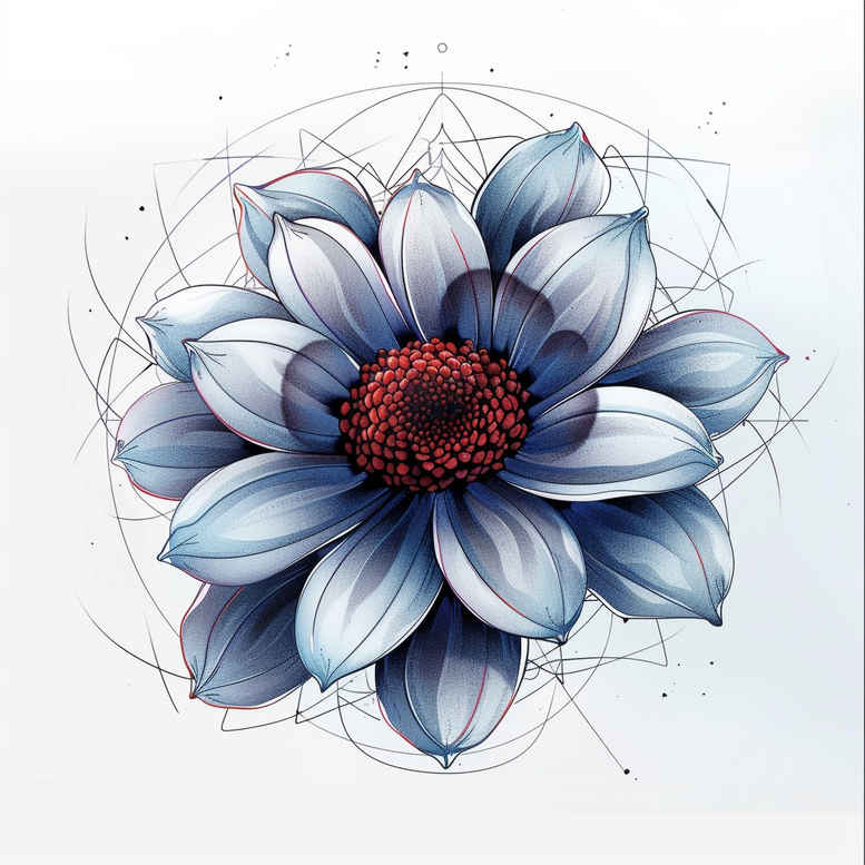 Blue flower with blue-gray petals and geometric linework around it; AI-generated tattoo design concept, not suitable for a cover-up.