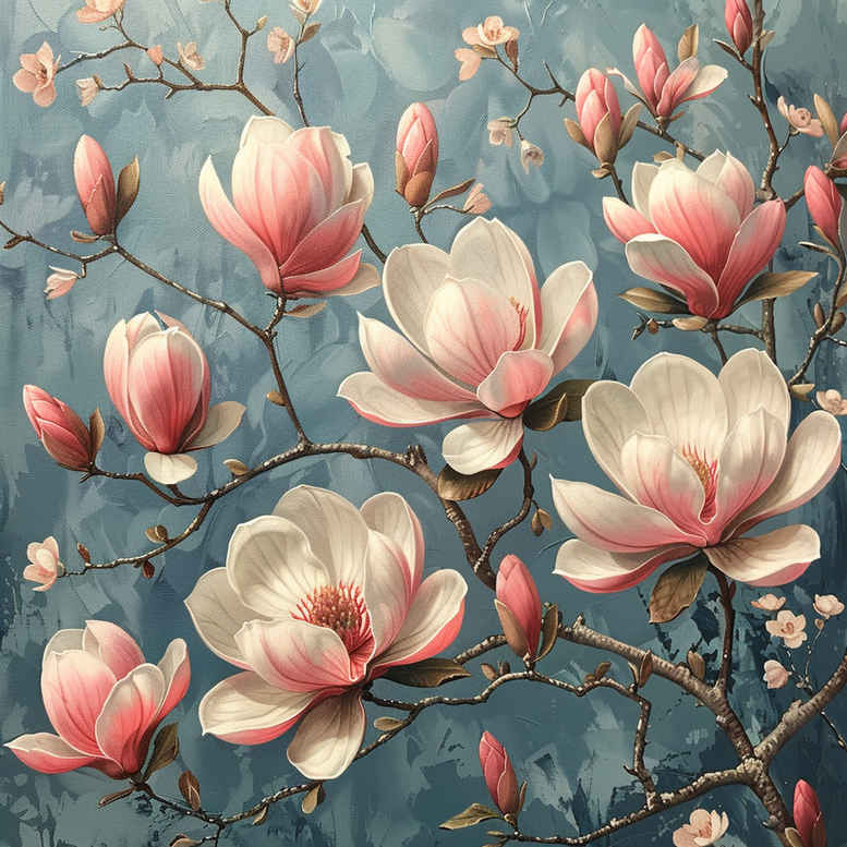 Magnolia, branch, and flower visible on a blue background; color tattoo design idea, not for cover-up.