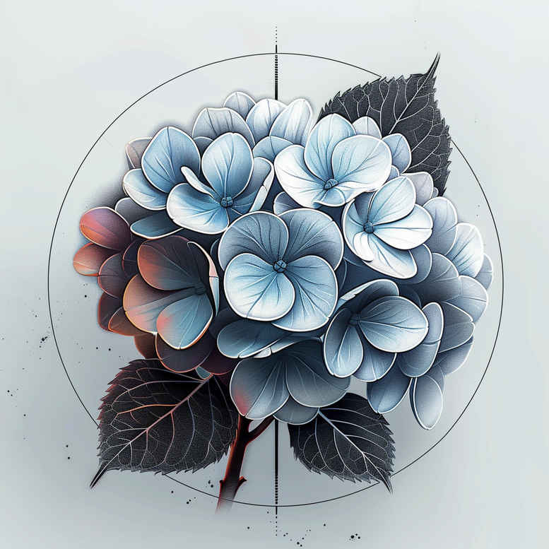 Blue hydrangea circle tattoo design with dark leaves and geometric outline; a project concept, AI-generated tattoo design suitable for a cover-up.
