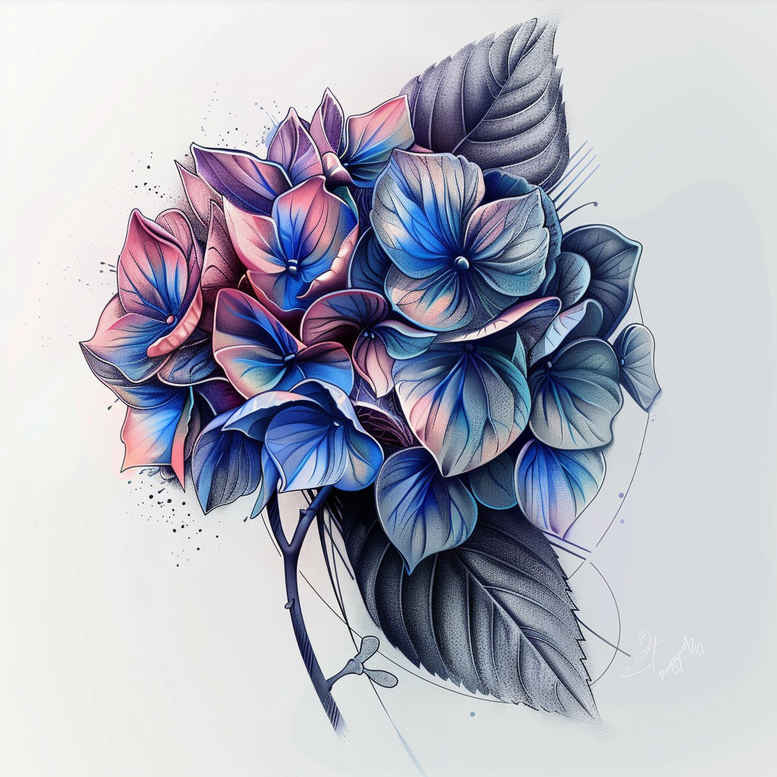 Blue hydrangea flowers with grey-green leaves, fine line tattoo design concept.