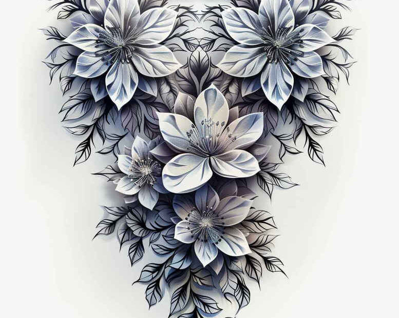 Blue-gray flower bouquet arranged in a heart shape; grayscale tattoo design concept; not specifically intended for cover-up.