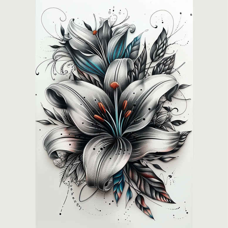 Blue-toned lotus flower with fine-line shading and leaves in black ink; AI-generated tattoo project idea; suitable for cover-up.
