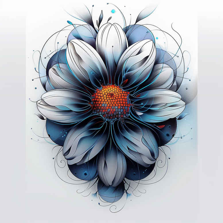 Blue flower tattoo design with blue petals and orange center, black outlines; color project, suitable for cover-up.