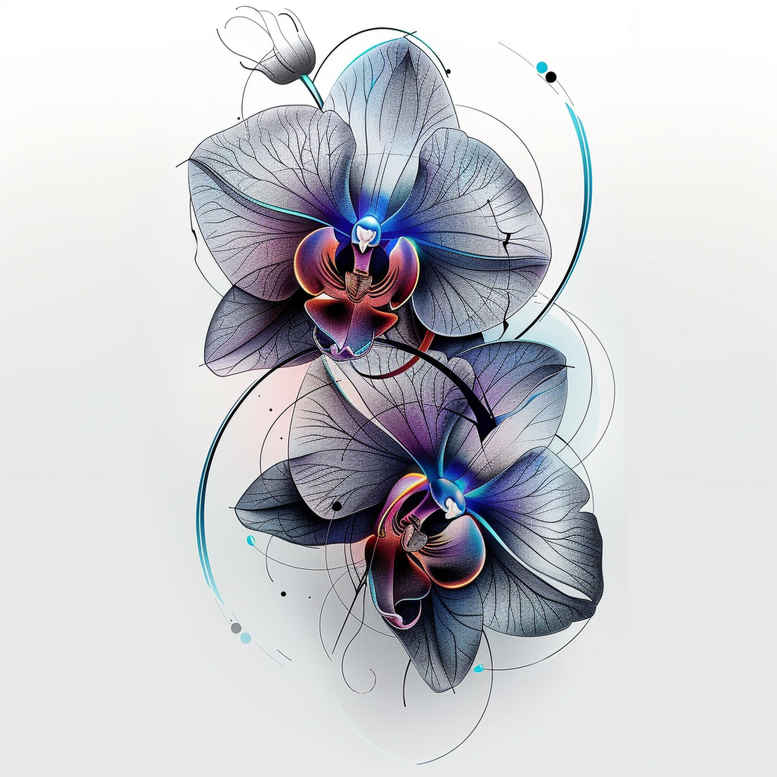 Orchid flower in blue-purple hues, colored fine-line tattoo concept; AI-generated project; pattern and cover-up ready.