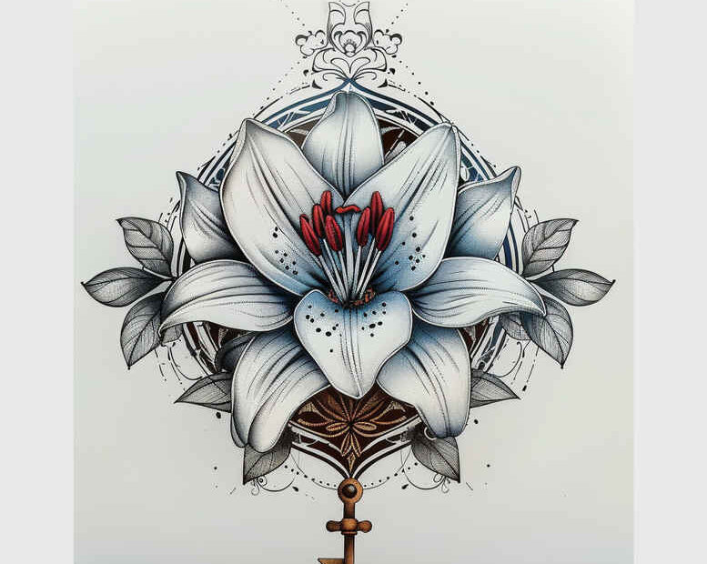 Lotus with crown above and cross pendant in black and grey, tattoo project idea.
