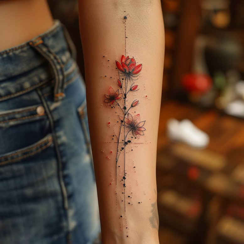 Rose with stem and leaves in red and black ink on forearm; dotted accents; tattoo design project; not ideal for cover-up.