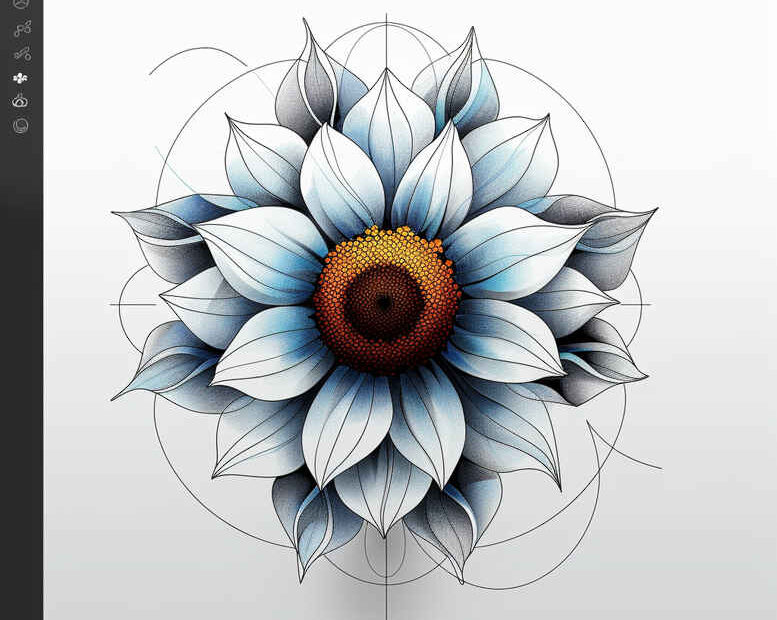 Flower, petal, stem, tendril in blue-white hues with black and red accents; AI-generated tattoo design idea, black and grey shading, suitable for cover-up.