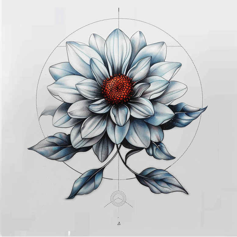 Blue-gray flower with orange center, leaves beneath, and a geometric circle behind; colored tattoo design concept, not intended as a cover-up.