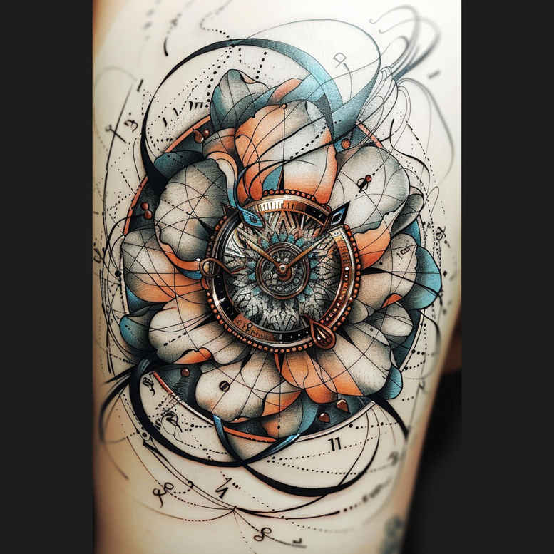 Sunflower with orange petals and dark center, black ink linework and swirls on forearm; AI-generated tattoo project; pattern-friendly cover-up.
