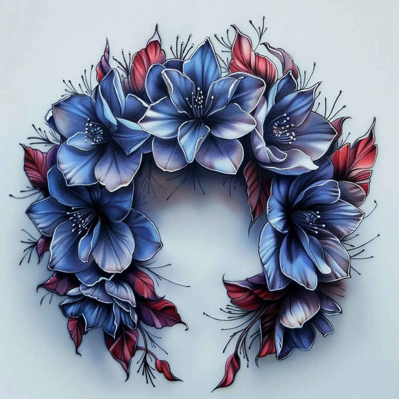 Blue flower wreath with blue petals and red-tinged leaves on a light background; tattoo design concept, not a cover-up.