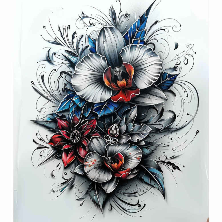 Flower bouquet, petals, leaves, and decorative swirls; pattern elements; full color with blue, red, black, and grey; project; cover-up suitable.