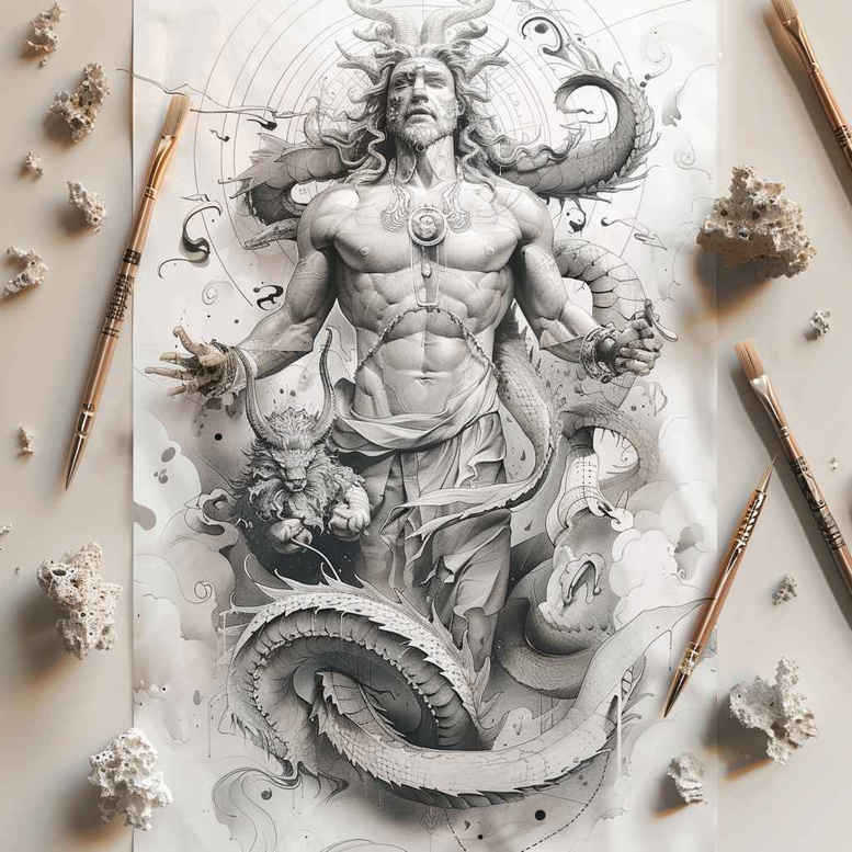 greek-harmony-symbols – tattoo design ideas free ai generated – realism-contrast-play – for-outer-arm – Gallery: other-greece-inkby-ai