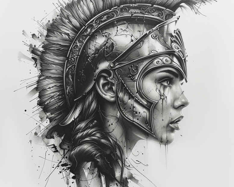 Black and grey profile of a warrior with a Spartan helmet and feather plume; tattoo project, cover-up ready.