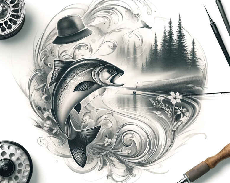 Dolphin, waves, forest silhouettes, hat, and flower; black and grey; tattoo design idea; suitable for a cover-up.
