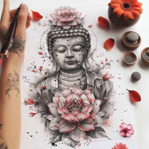 abstract – tattoo design ideas free ai generated – neotraditional-color-richness – for-behind-ear – Gallery: other-religions-inkby-ai