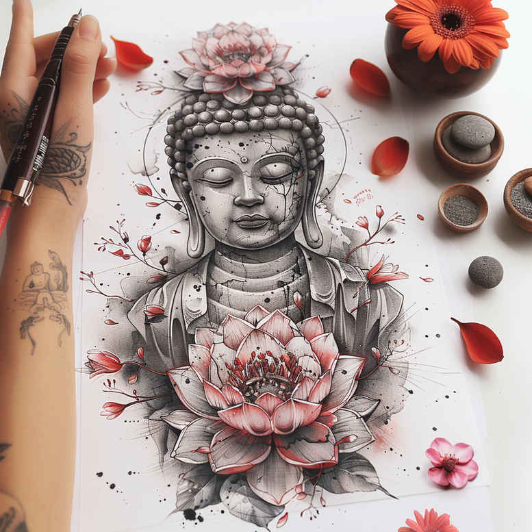 abstract – tattoo design ideas free ai generated – neotraditional-color-richness – for-behind-ear – Gallery: other-religions-inkby-ai