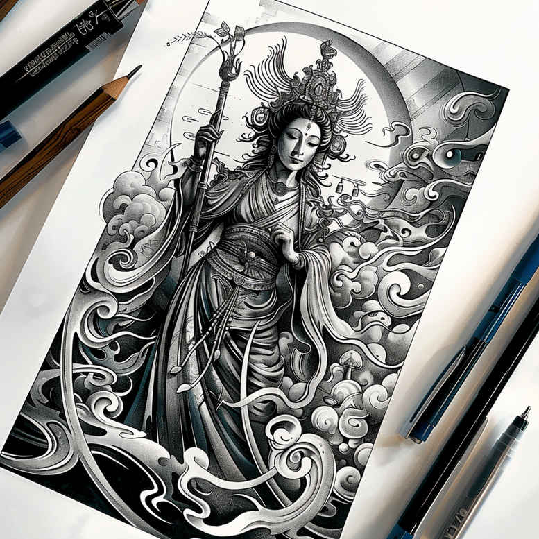airy – tattoo design ideas free ai generated – realism-highlighted-contrast – for-arm – Gallery: other-religions-inkby-ai