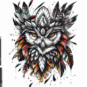 wisdom-symbol-owl-tattoo-neotraditional-artful-color-for-behind-ear – tattoo design ideas free ai generated – Gallery: owls-inkby-ai