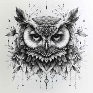 abstract-owl-tattoo – tattoo design ideas free ai generated – realism-micro-detail – for-full-back – Gallery: owls-inkby-ai
