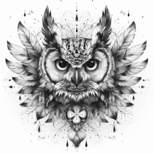abstract-owl-tattoo – tattoo design ideas free ai generated – surrealism-ethereal-textures – for-lower-thigh – Gallery: owls-inkby-ai