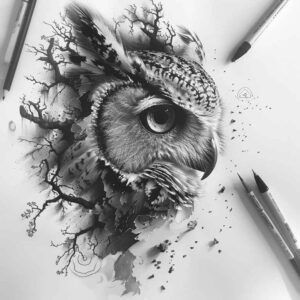 detailed-owl-tattoo – tattoo design ideas free ai generated – realism-organic-structure – for-spine – Gallery: owls-inkby-ai