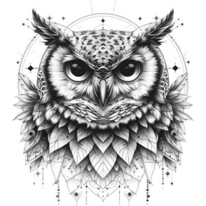 fine-line-owl-tattoo – tattoo design ideas free ai generated – realism-seamless-blend – for-full-back – Gallery: owls-inkby-ai