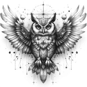 magic-owl-tattoo – tattoo design ideas free ai generated – surrealism-morphic – for-lower-chest – Gallery: owls-inkby-ai