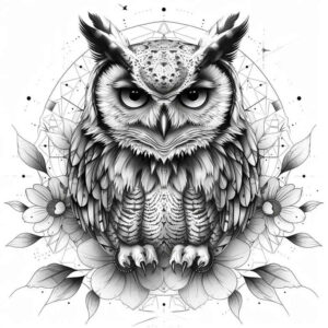 nocturnal-owl-tattoo – tattoo design ideas free ai generated – neotraditional-strong-outlines – for-full-back – Gallery: owls-inkby-ai