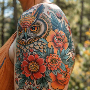 ornamental-owl-tattoo – tattoo design ideas free ai generated – neotraditional-classic-motifs – for-stomach – Gallery: owls-inkby-ai