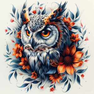 ornamental-owl-tattoo – tattoo design ideas free ai generated – surrealism-fluid-forms – for-lower-thigh – Gallery: owls-inkby-ai