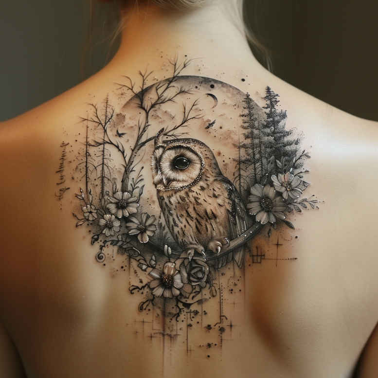ornamental-owl-tattoo – tattoo design ideas free ai generated – surrealism-impossible-forms – for-ribs – Gallery: owls-inkby-ai