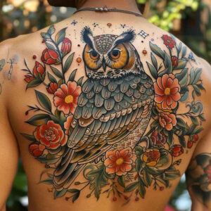 owl-eyes-tattoo – tattoo design ideas free ai generated – neotraditional-dynamic-color – for-forearm – Gallery: owls-inkby-ai