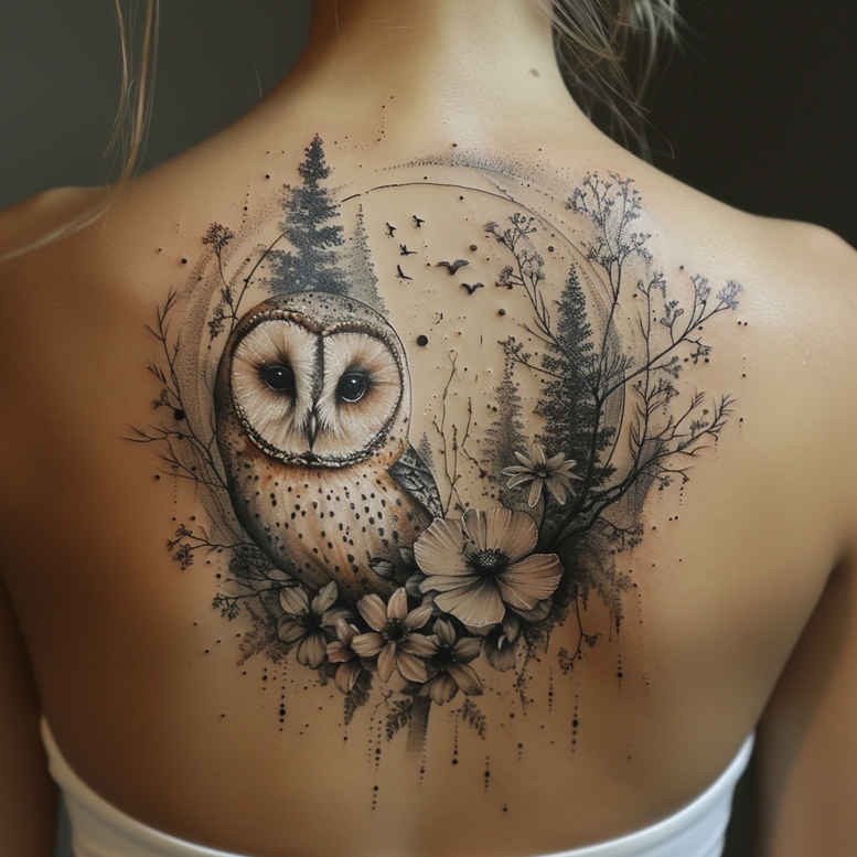 owl-eyes-tattoo – tattoo design ideas free ai generated – surrealism-fantasy-inspired – for-lower-thigh – Gallery: owls-inkby-ai