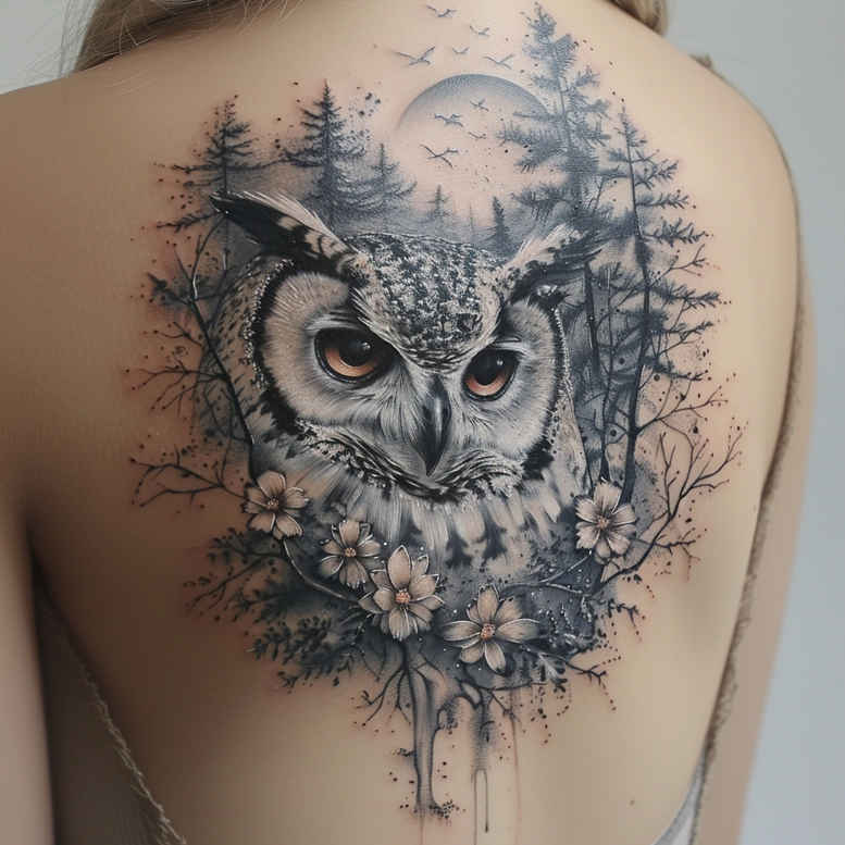 owl-protective-tattoo – tattoo design ideas free ai generated – realism-moist-gloss – for-lower-leg – Gallery: owls-inkby-ai