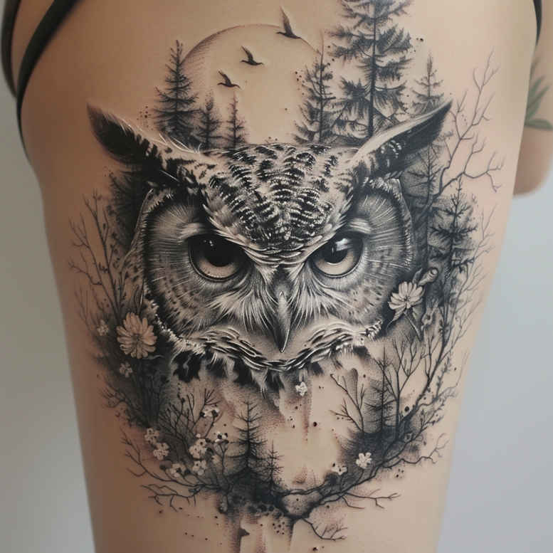 owl-wave-tattoo – tattoo design ideas free ai generated – surrealism-unreal-light – for-lower-leg – Gallery: owls-inkby-ai