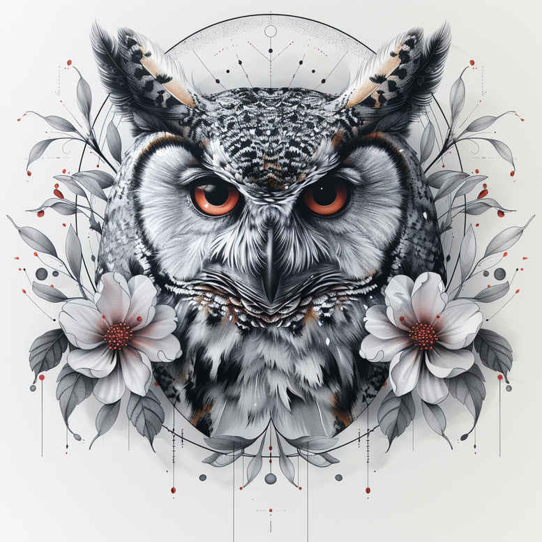 plant-ornament-owl-tattoo – tattoo design ideas free ai generated – realism-moist-effect – for-lower-back – Gallery: owls-inkby-ai