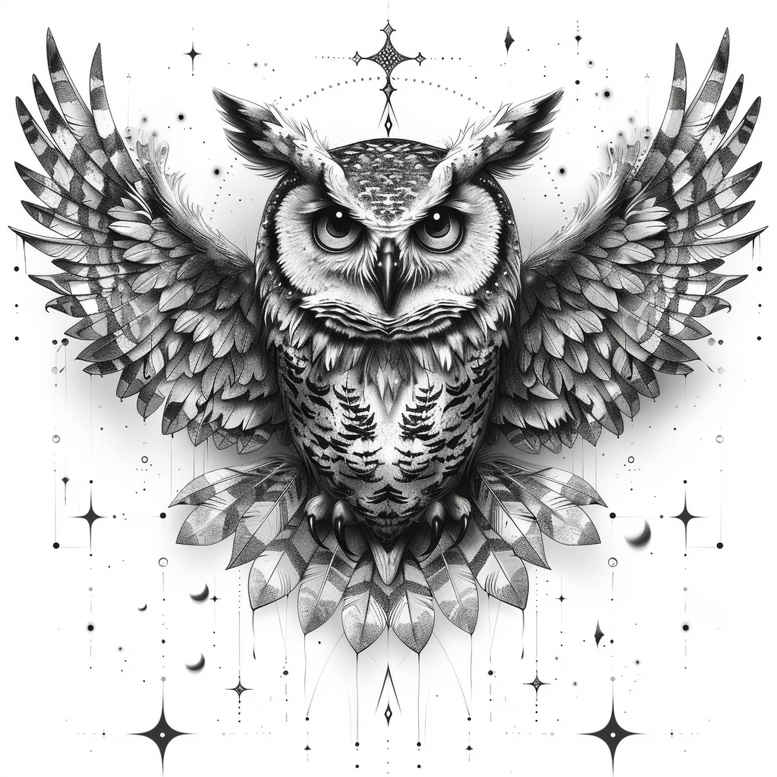 shadow-owl-tattoo – tattoo design ideas free ai generated – neotraditional-layered-fill – for-lower-leg – Gallery: owls-inkby-ai
