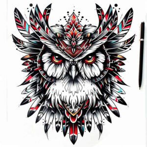 owls tattoo design ideas Surrealism abstract forms calm eyes embodying perseverance