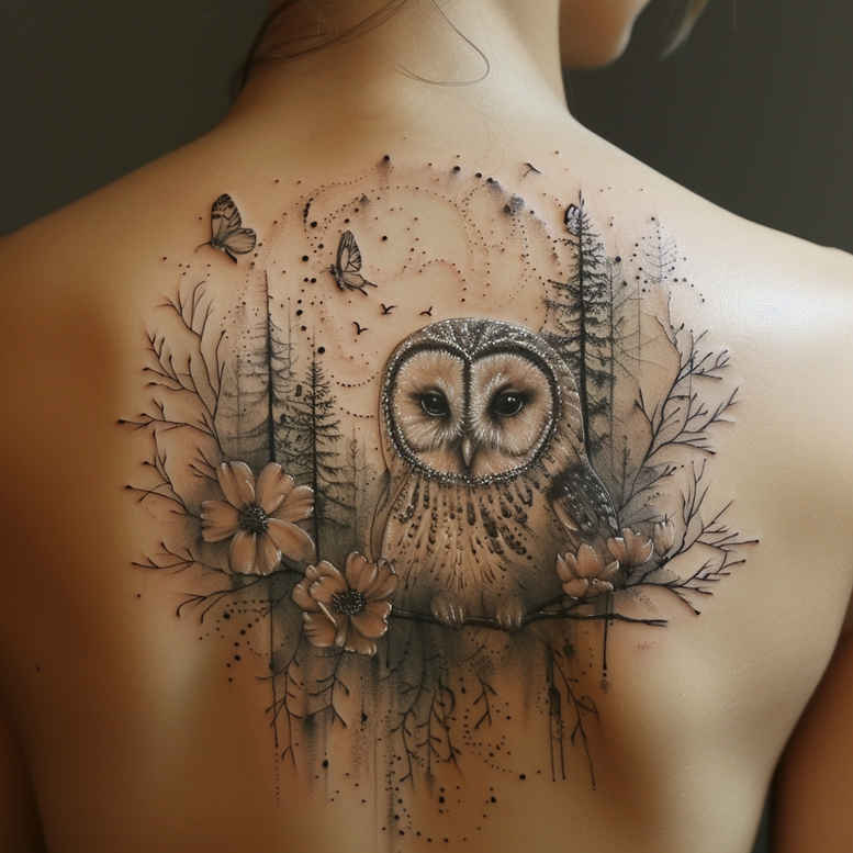 owls tattoo design ideas Surrealism fantastical elements calm eyes stands for resilience