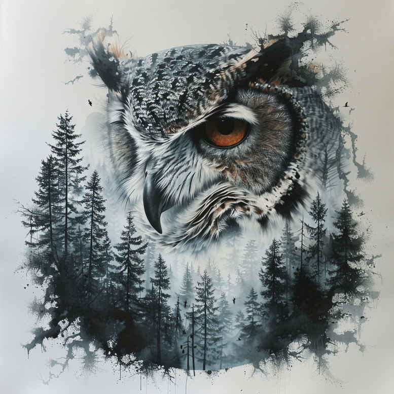 owls tattoo design ideas Surrealism hyperreal dark background shows endurance