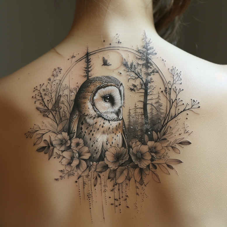 owls tattoo design ideas Realism micro detail light and shadow for abdomen