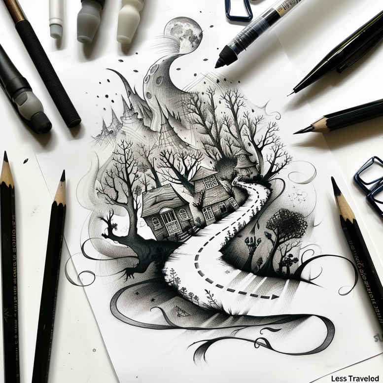 expressive-path-tattoo-neotraditional-clean-fill-for-upper-arm – tattoo design ideas free ai generated – Gallery: path-road-inkby-ai