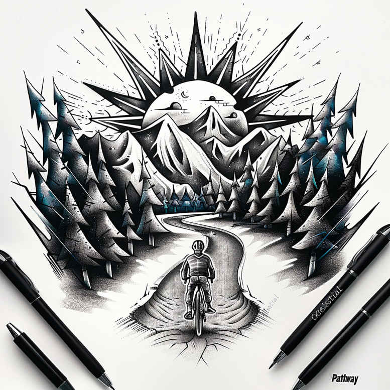 geometric-pattern-path-tattoo-surrealism-phantasm-for-upper-thigh – tattoo design ideas free ai generated – Gallery: path-road-inkby-ai