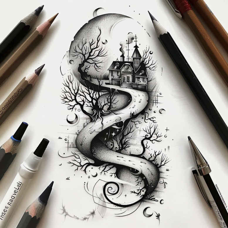 for-women-realism-organic-structure-for-calf – tattoo design ideas free ai generated – Gallery: path-road-inkby-ai