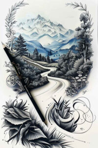 path-travel-symbol – tattoo design ideas free ai generated – surrealism-metamorphosis – for-nape – Gallery: path-road-inkby-ai